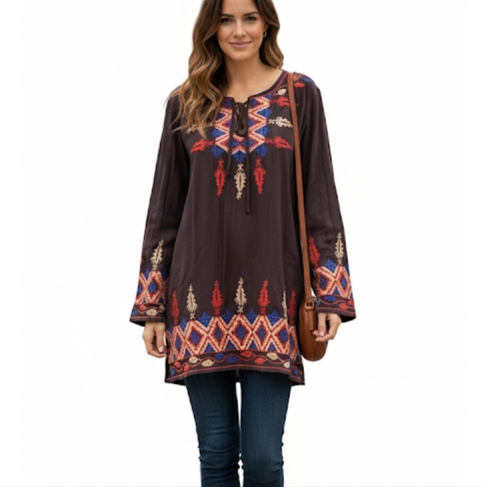 SCULLY Brown Embroidered Tunic Top